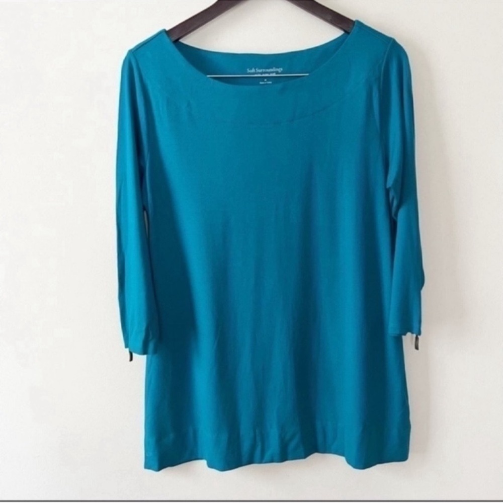 Soft Surroundings Teal Blue Boat Neck Zipper 3/4 Sleeve Top Size M